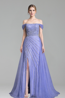 Boat Neck Beaded Split Gown - LAROSABRIDE