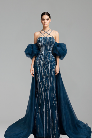 Balloon-Sleeve Beaded Mermaid Evening Dress