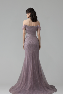 Off-Shoulder Beaded Tulle Mermaid Gown - LAROSABRIDE