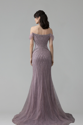 Off-Shoulder Beaded Tulle Mermaid Gown - LAROSABRIDE