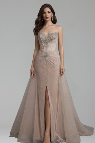 Beaded Overskirt Slit Dress - LAROSABRIDE
