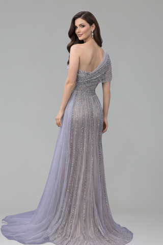 One Shoulder Beaded Split Dress - LAROSABRIDE
