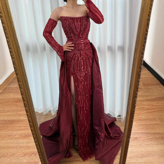Ships in 2 to 5 Days - Luxury Wine Red Strapless Beaded Evening Gown with Overskirt & Matching Gloves
