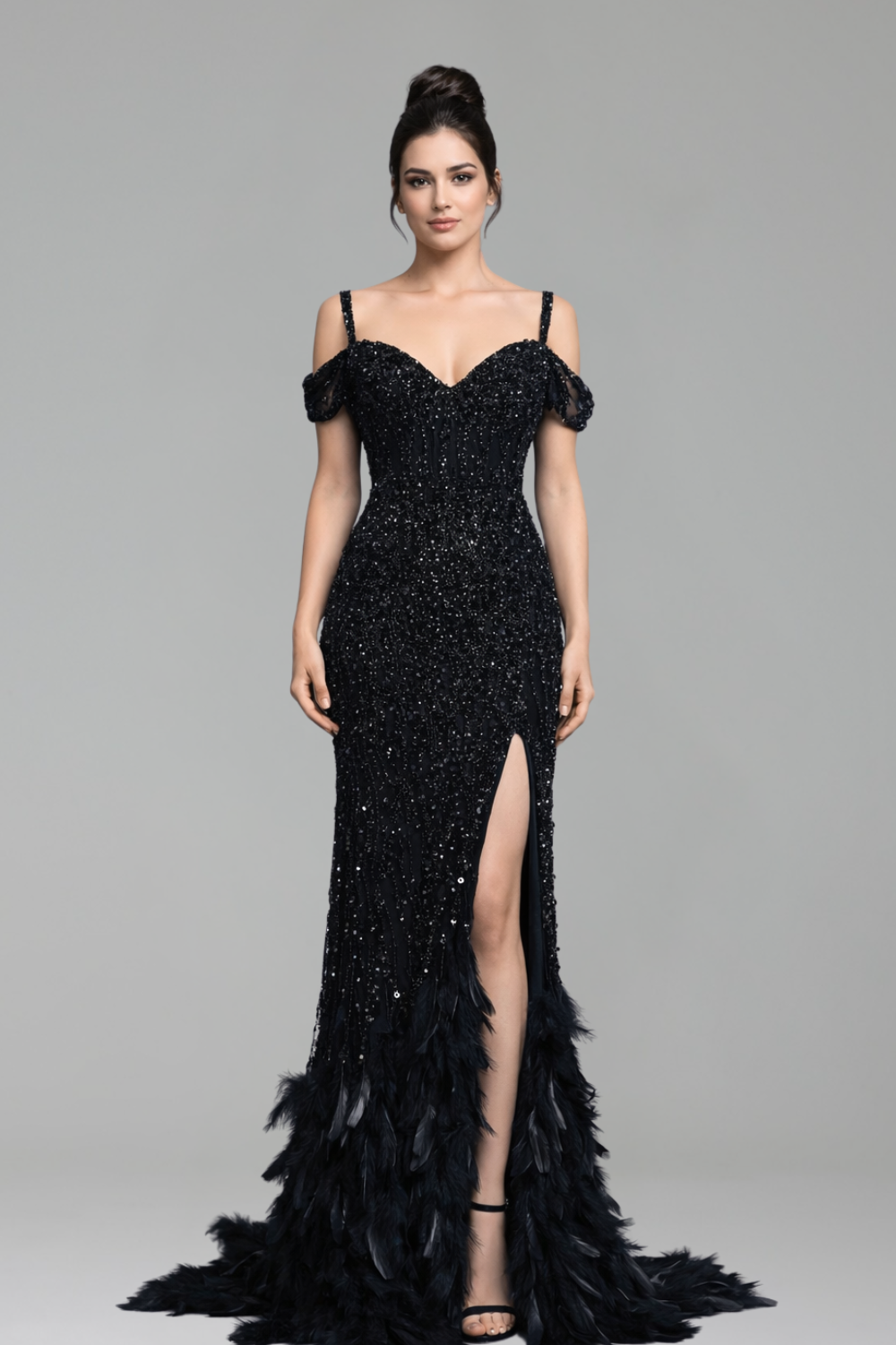 Feather Beaded Split Mermaid Gown - LAROSABRIDE