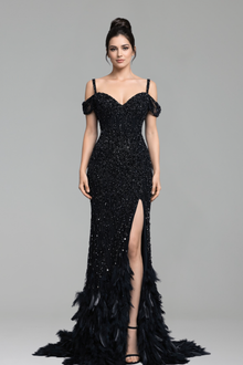 Feather Beaded Split Mermaid Gown - LAROSABRIDE