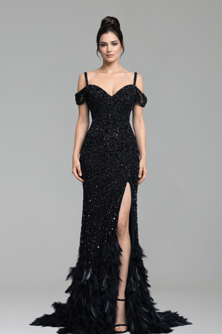 Feather Beaded Split Mermaid Gown