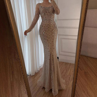 Rose-Gold Beaded Cold-Shoulder Gown