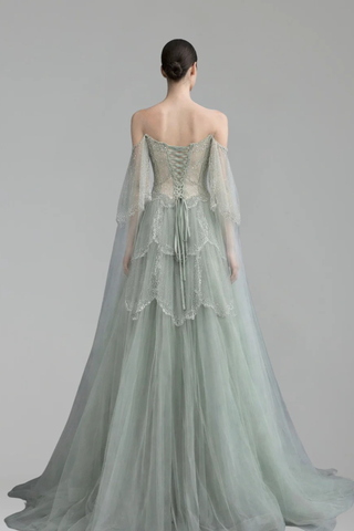 Off Shoulder Beaded Cape Dress - LAROSABRIDE