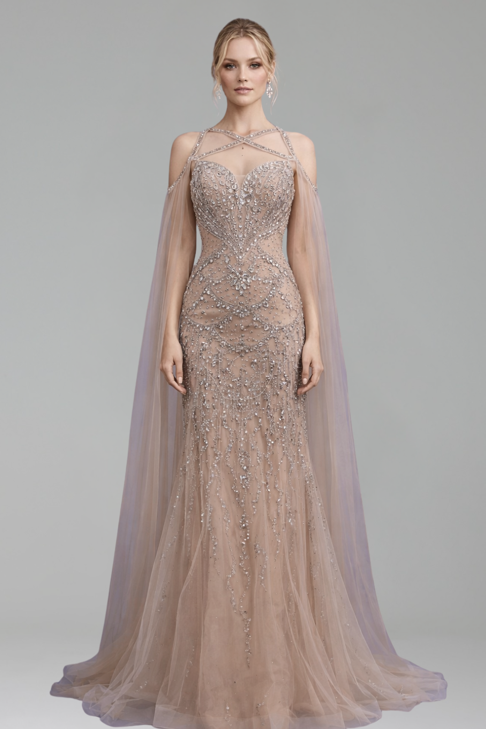 Beaded Crystal Cape Sleeves Gown - LAROSABRIDE