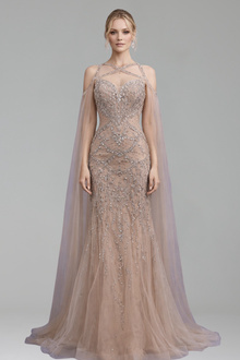 Beaded Crystal Cape Sleeves Gown - LAROSABRIDE