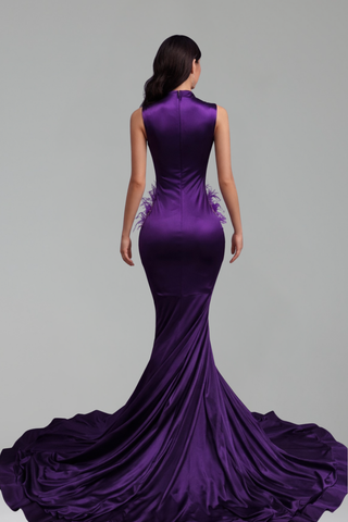 Feathered Illusion Mermaid Satin Gown