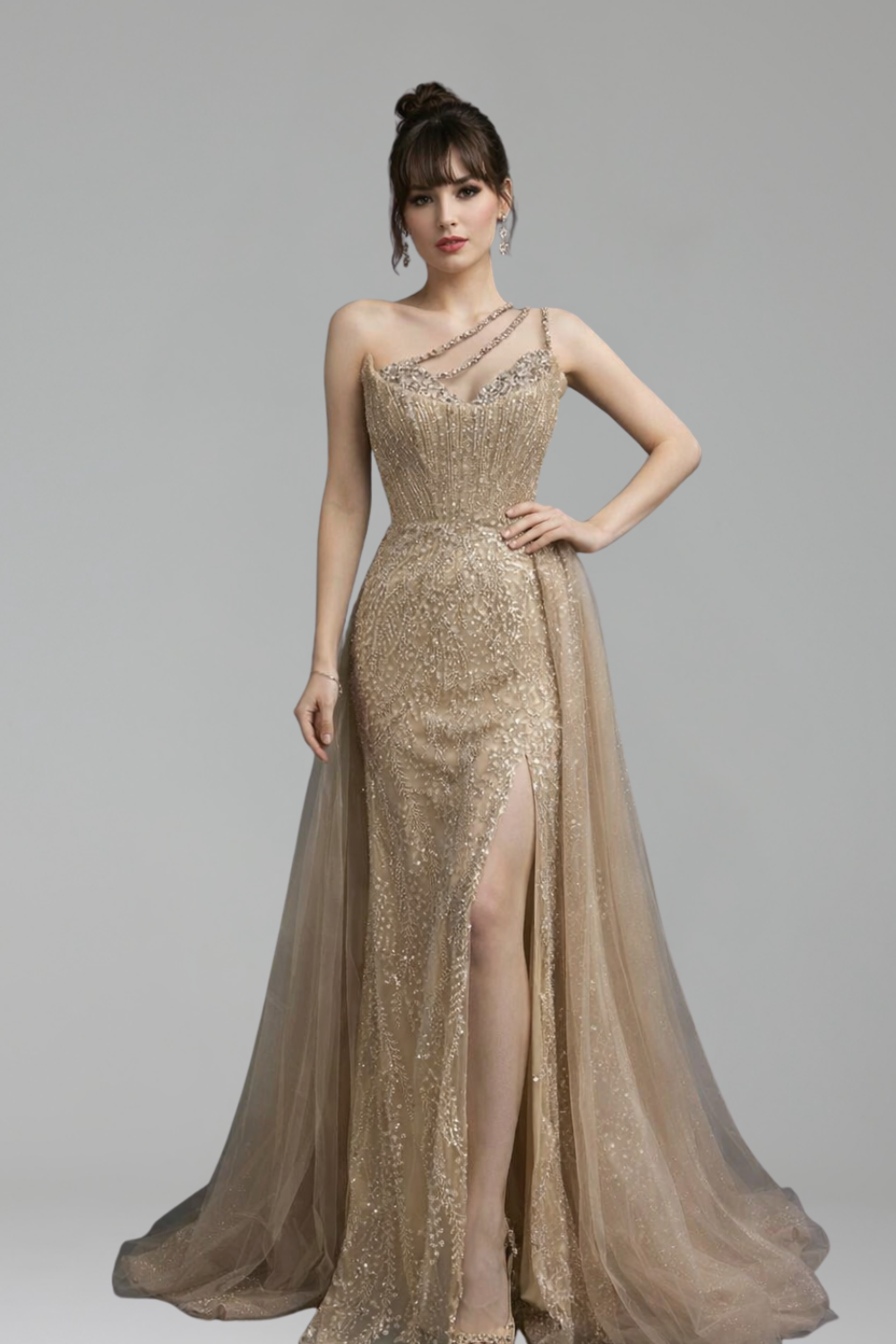 Crystal Beaded One Shoulder Dress - LAROSABRIDE