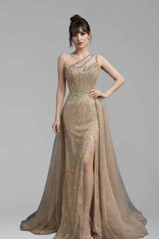 Crystal Beaded One Shoulder Dress