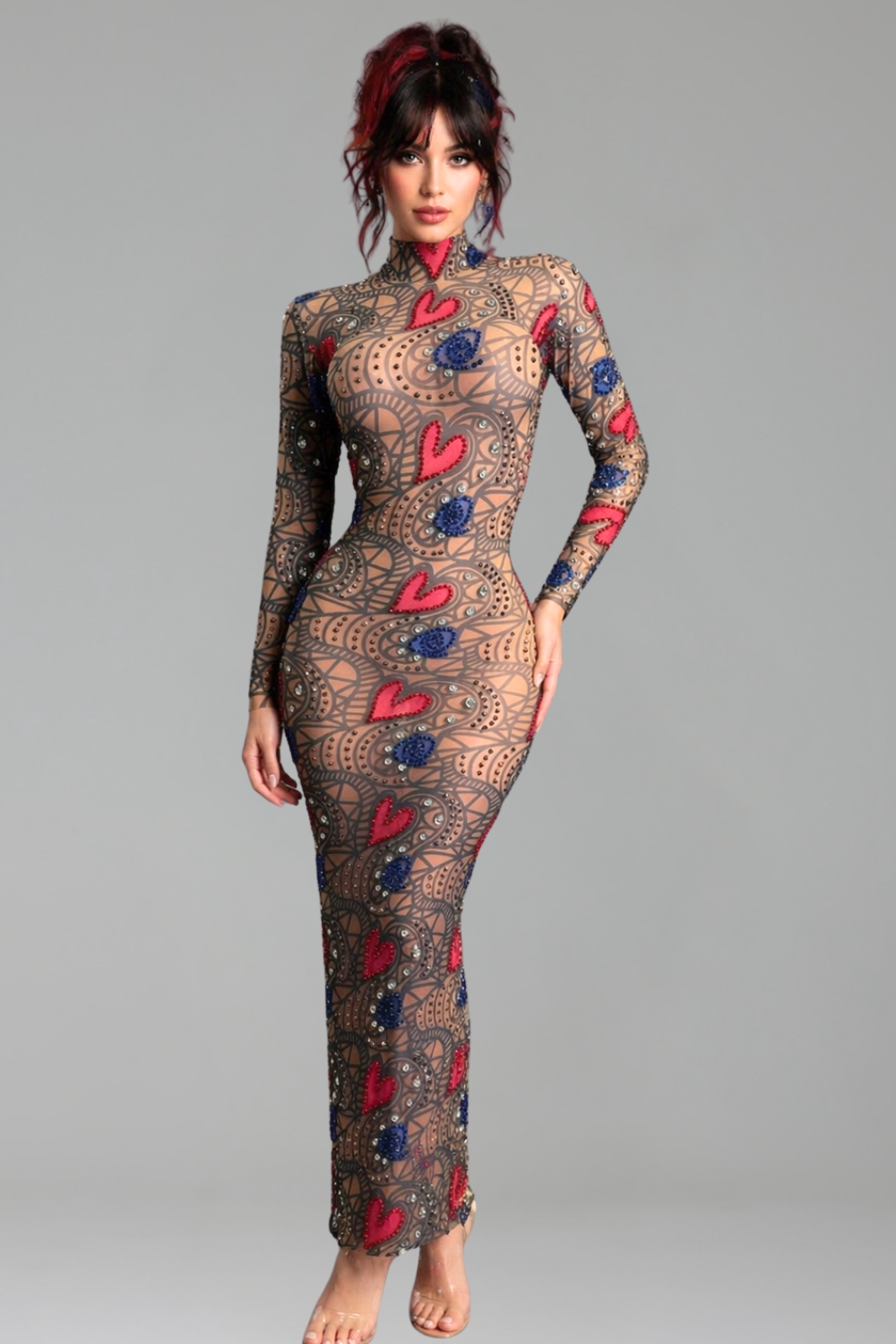 Sheer Rhinestone Heart-Floral Dress - LAROSABRIDE