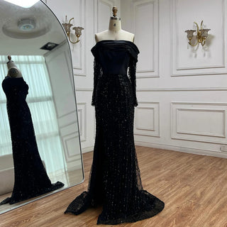 Ships in 2 to 5 Days - Elegant Arabic Off-Shoulder Evening Dress – Luxury Beaded Gown for Formal Occasions