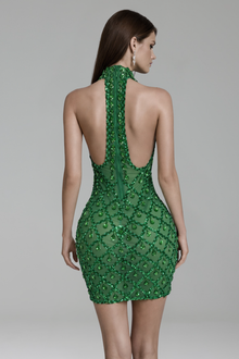 Embellished Halter Neck Mini Dress - LAROSABRIDE