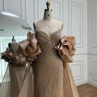 Nude Crystal-Swirl Gown with Dramatic Ruffled Sleeves