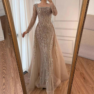 2025 Arabic Caramel Beaded Mermaid Evening Gown with Overskirt – Luxury Formal Dress for Women