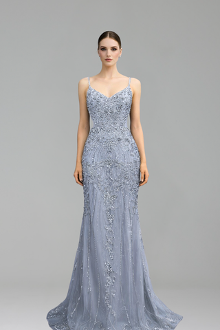 Beaded Spaghetti Strap Mermaid Gown - LAROSABRIDE