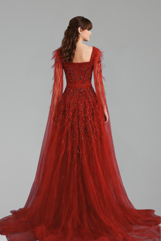 Beaded Feather A-Line Gown - LAROSABRIDE