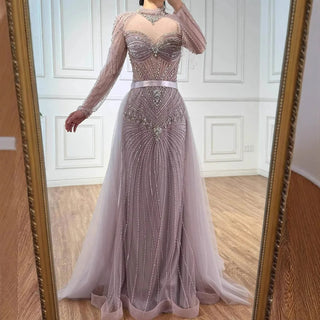Ships in 2 to 5 Days - Luxury Nude Beaded Arabic-Style Evening Dress – Elegant Gown with Detachable Overskirt