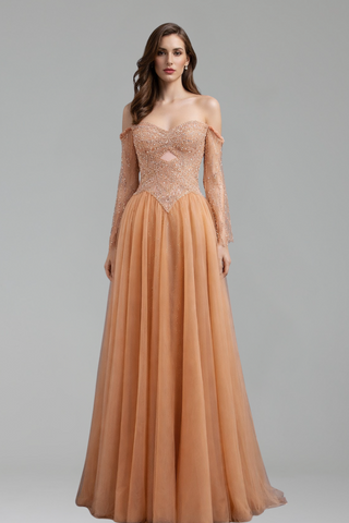 Off-Shoulder Beaded A-Line Dress