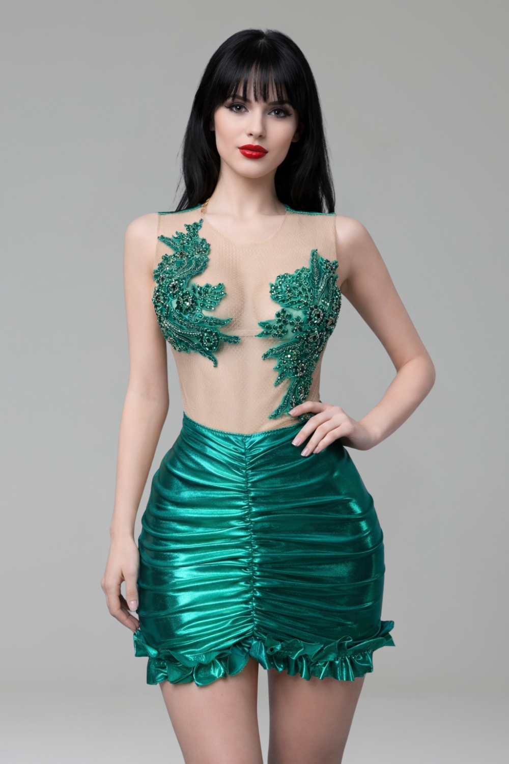 Sheer Embellished Ruched Mini Dress - LAROSABRIDE