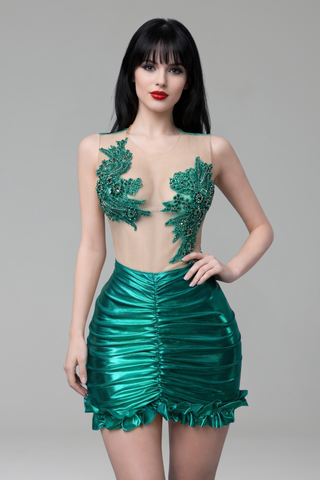 Sheer Embellished Ruched Mini Dress - LAROSABRIDE