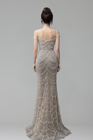 Pearl Beaded Strapless Mermaid Dress - LAROSABRIDE