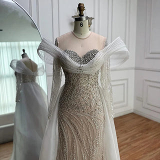 Ships in 2 to 5 Days - Luxury White Nude Beaded Mermaid Evening Dress – Saudi-Inspired Formal Gown with Overskirt