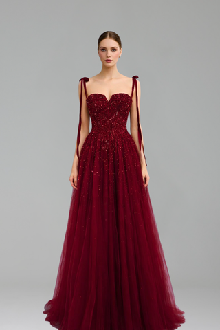 Beaded Spaghetti Strap A-Line Gown - LAROSABRIDE