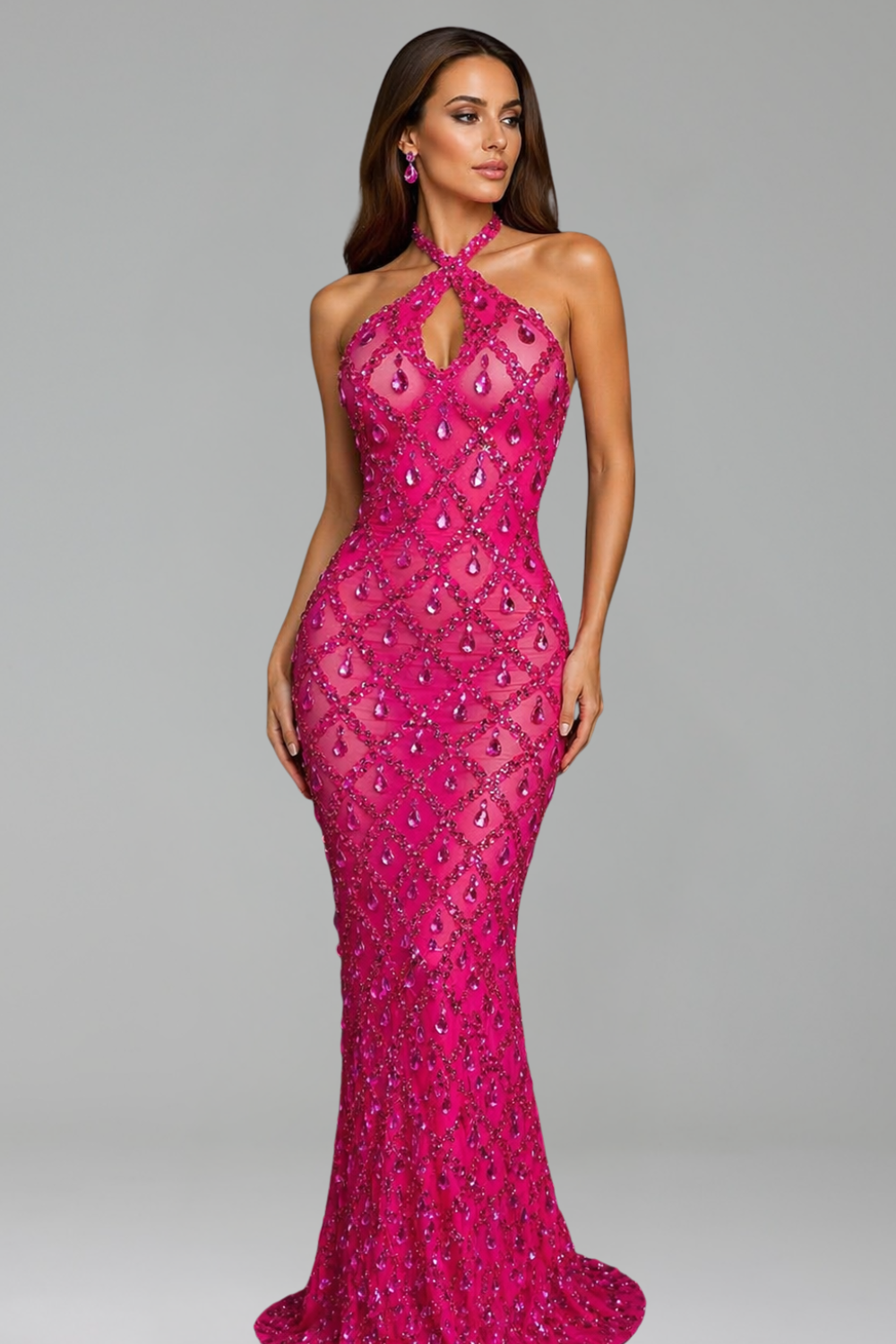 Halter Neck Crystal Embellished Fitted Gown - LAROSABRIDE