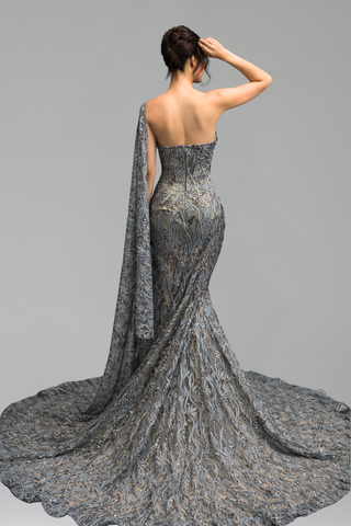 Beaded Deep Neckline Cape Dress