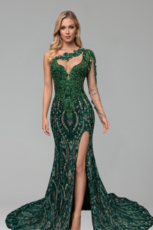 One Shoulder Beaded Slit Dress - LAROSABRIDE