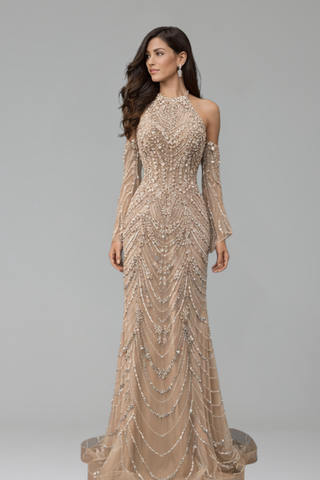 Halter Beaded Mermaid Evening Dress - LAROSABRIDE