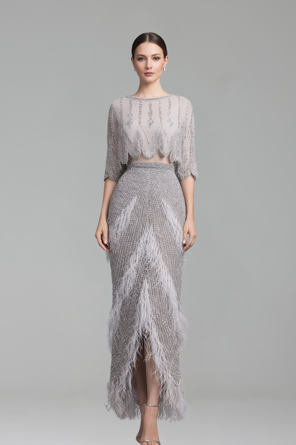 Two-Piece Feather Beaded Midi Evening Dress-Larosabride