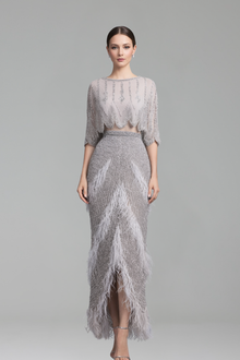 Two-Piece Feather Beaded Midi Evening Dress-Larosabride