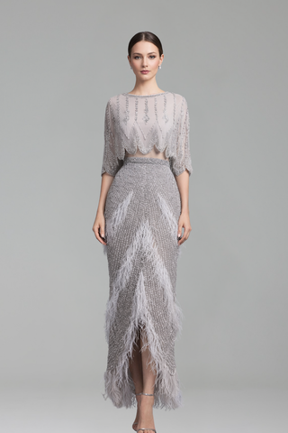 Two-Piece Feather Beaded Midi Evening Dress