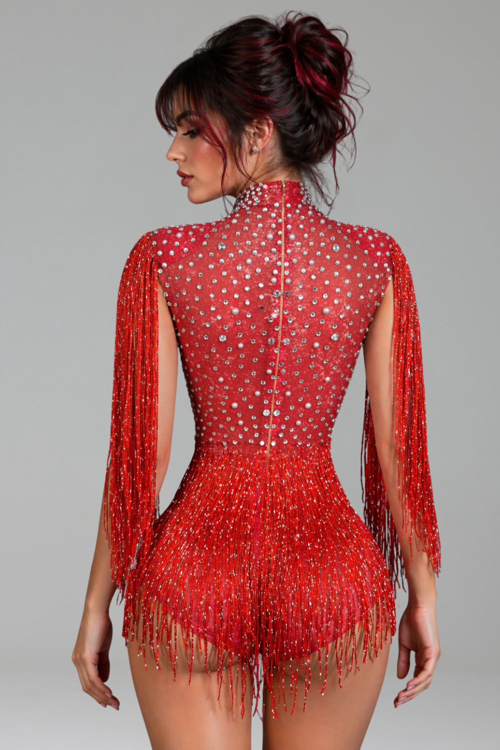 High-Neck Crystal Fringed Bodysuit - LAROSABRIDE
