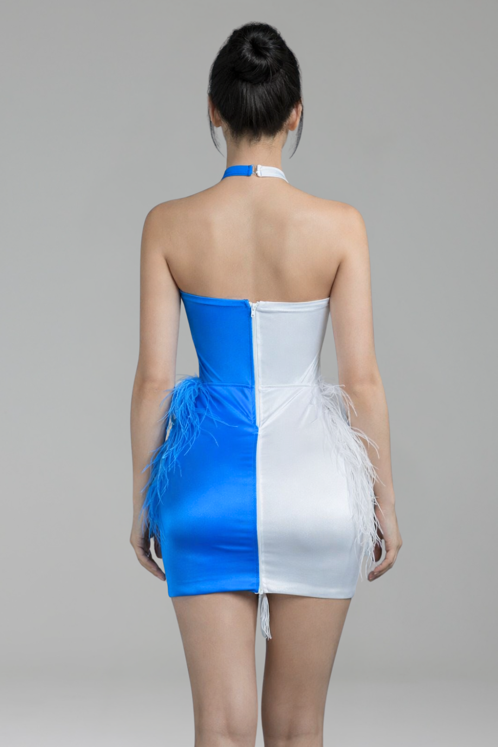 Halter Feather Embellished Mini Dress - LAROSABRIDE