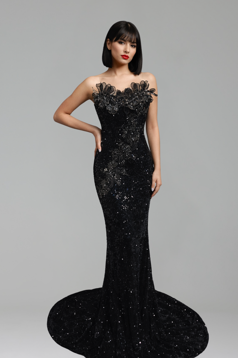 Floral Strapless Sequin Evening Gown - LAROSABRIDE
