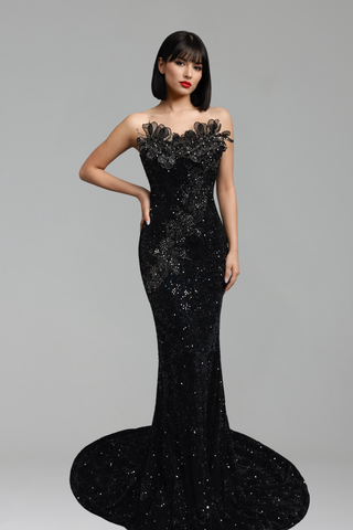 Floral Strapless Sequin Evening Gown - LAROSABRIDE