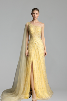 One-shoulder gown with cape and side slit-Larosabride