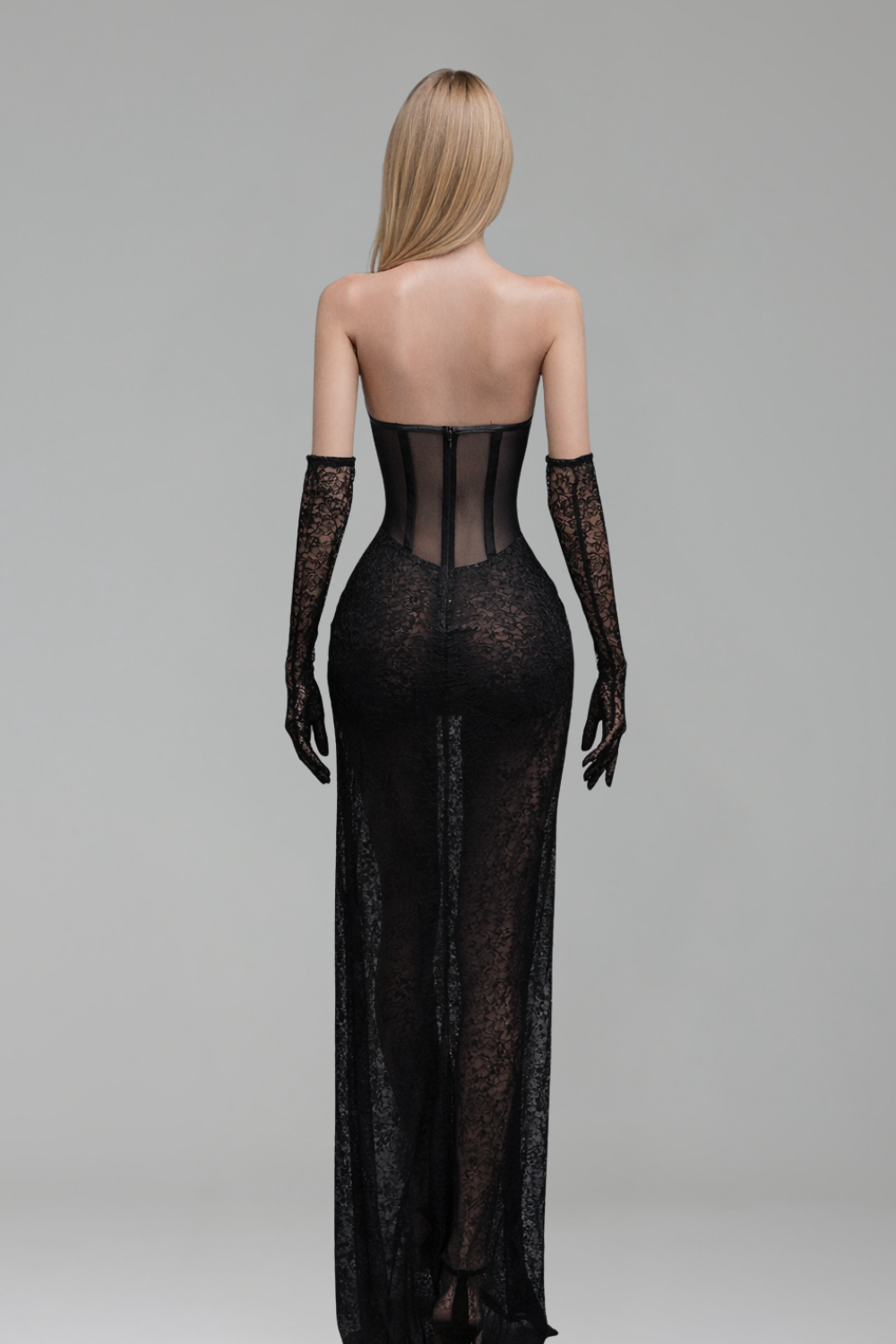Sheer Beaded High Slit Dress - LAROSABRIDE