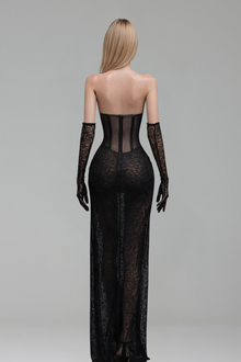 Sheer Beaded High Slit Dress - LAROSABRIDE