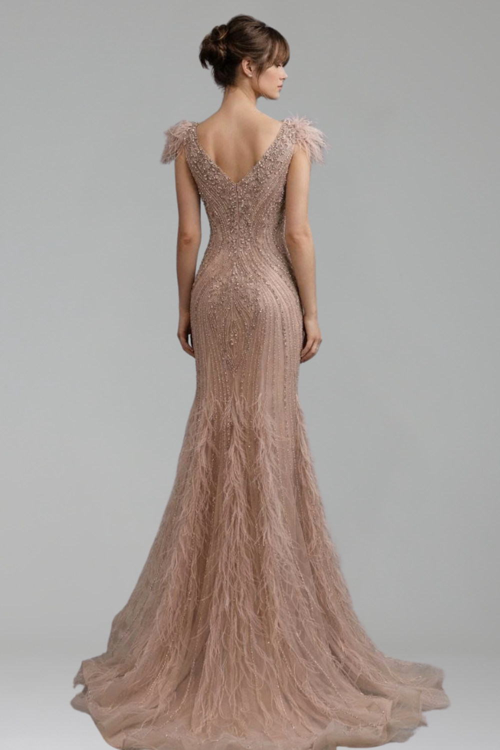 Beaded Feather Mermaid Evening Gown - LAROSABRIDE