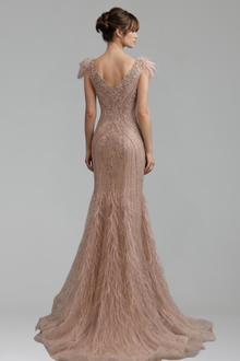Beaded Feather Mermaid Evening Gown - LAROSABRIDE