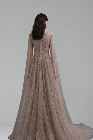 Crystal Beaded Cape Evening Dress - LAROSABRIDE