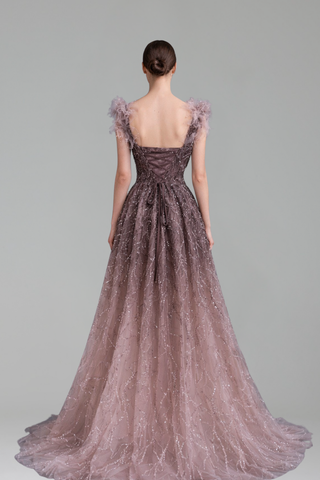 Feather Beaded Formal Gown
