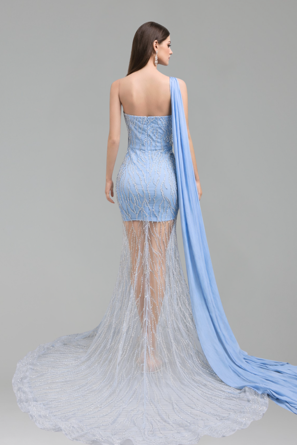 One-Shoulder Beaded Sheer Gown - LAROSABRIDE